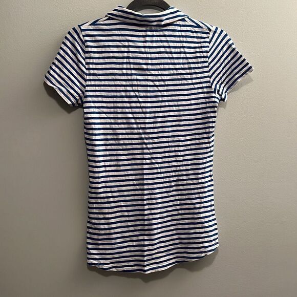 L.L. Bean Blue White Striped Top Polo Collar V-Neck - Picture 3 of 4